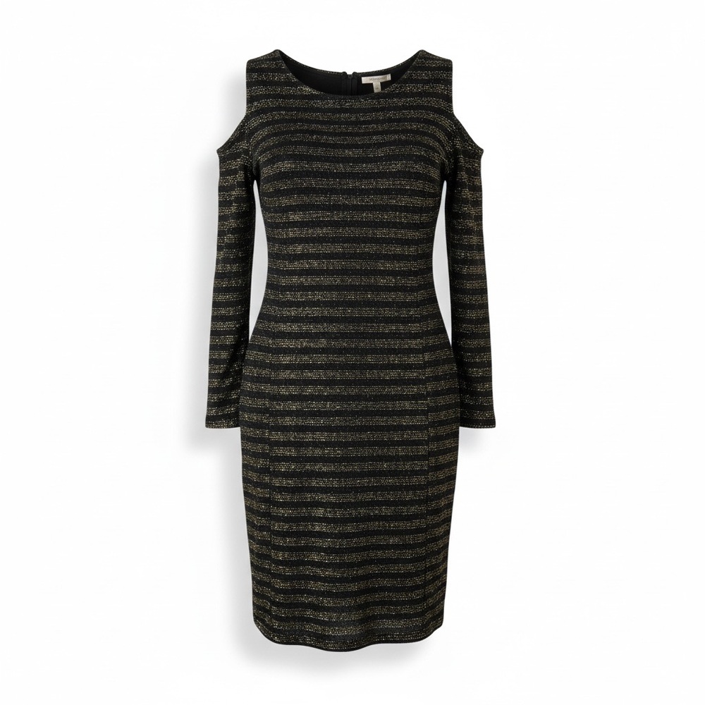 NY Collection 2X black gold metallic‎ cold shoulder stripe plus-size dress